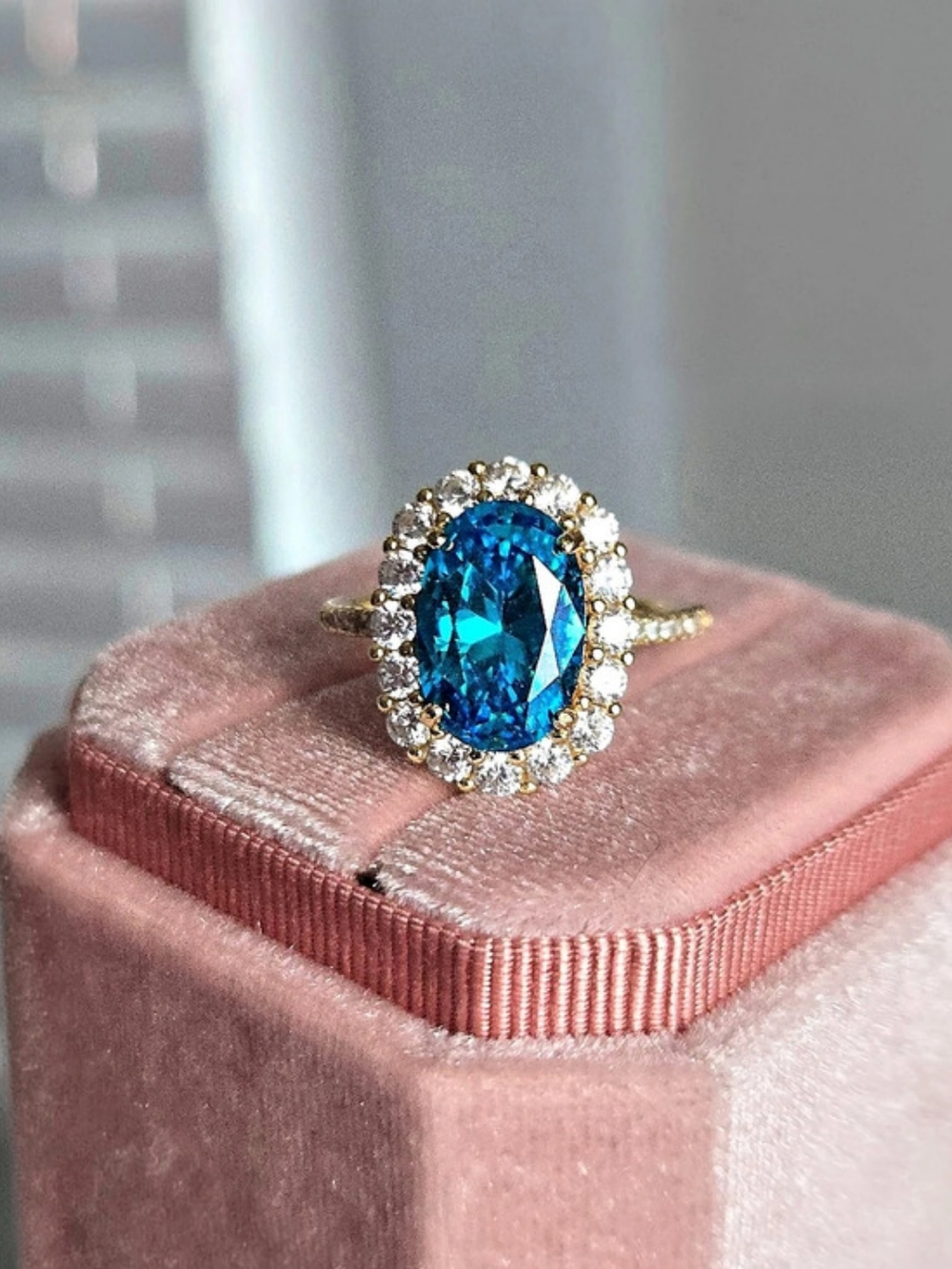 14k Gold S925 Vermeil Blue Topaz Oval Halo Ring